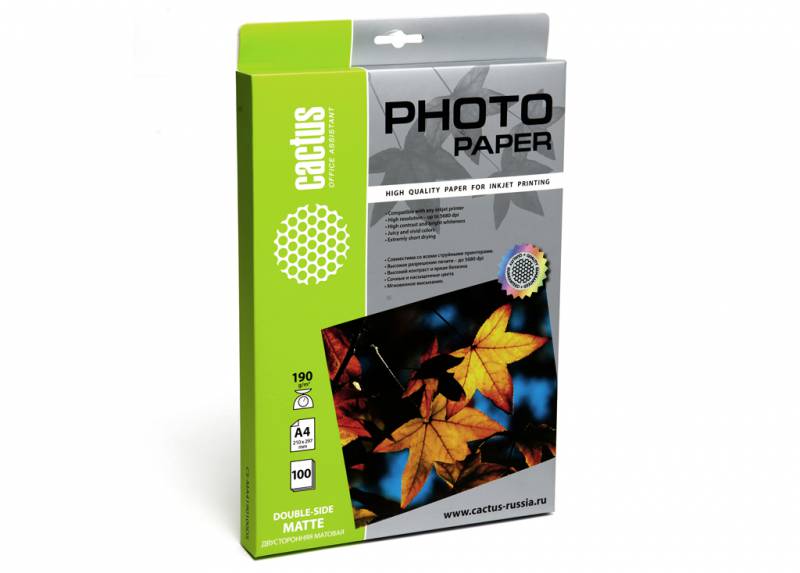 Фотобумага Cactus CS-MA4190100DS матовая двусторонняя, A4, 190 г/м2, 100 листов